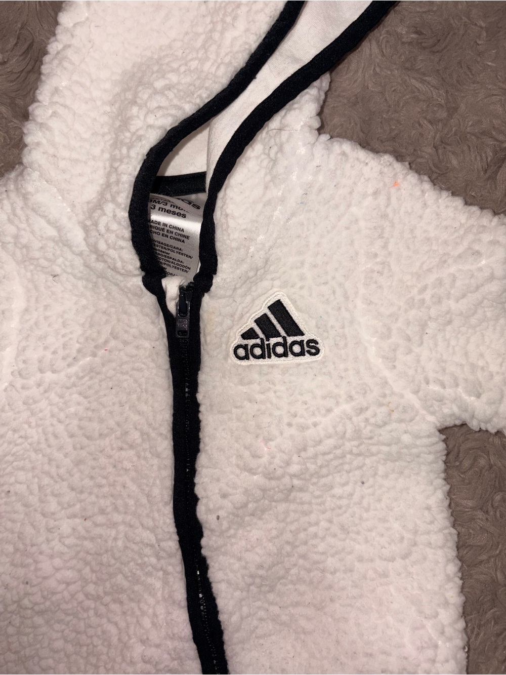 adidas White Sherpa Baby One-Piece with Black Trim